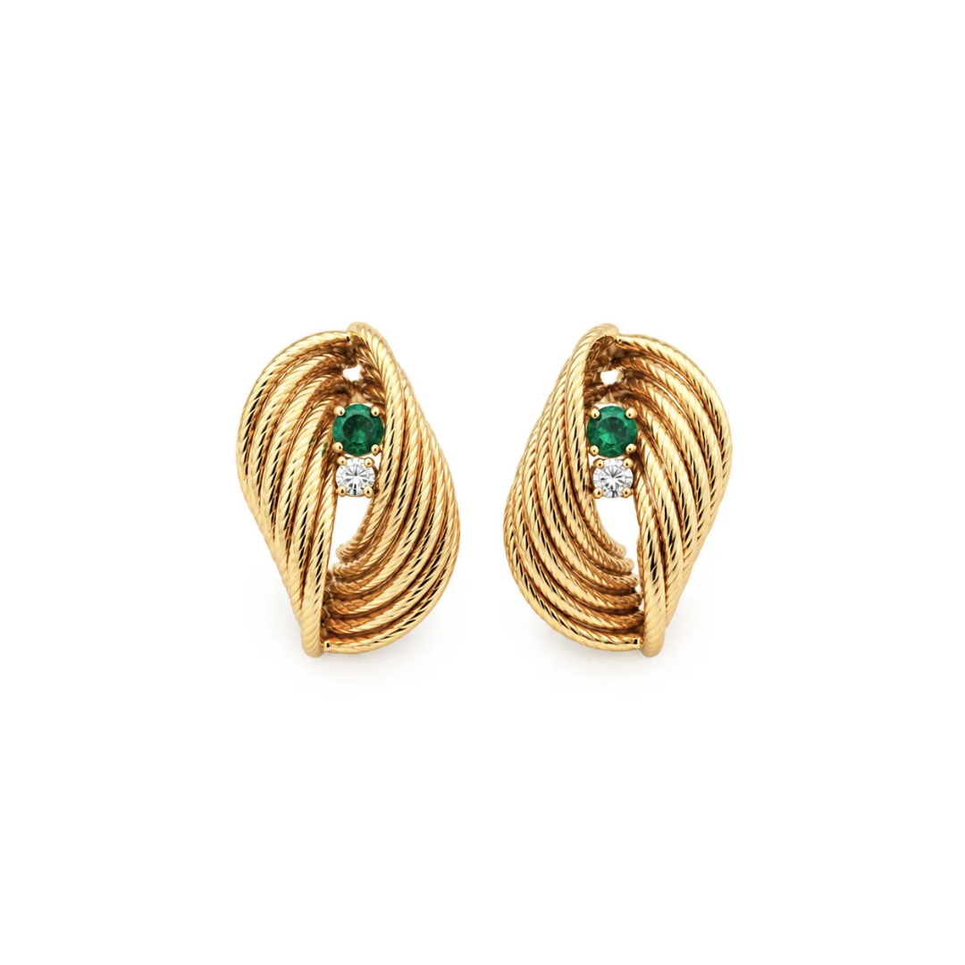 Estate - 14K Yellow Gold Emerald And Diamond Earring Jackets