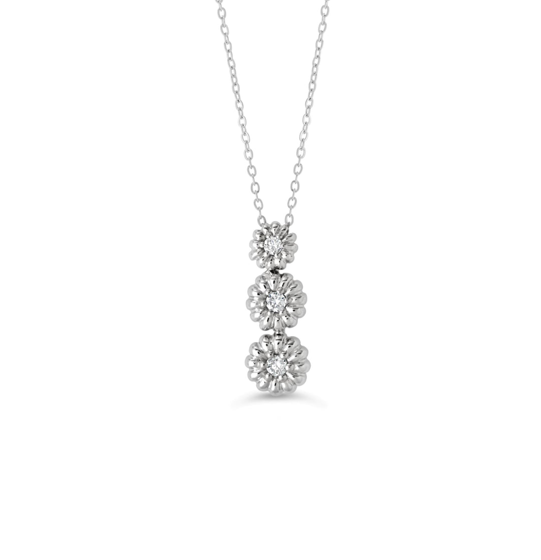10K White Gold 0.05 CTW Diamond Graduated Descending 3 Flower Necklace