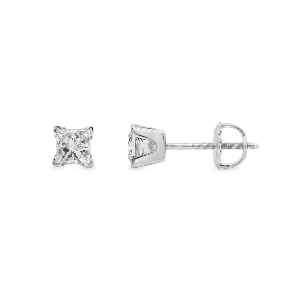 14K White Gold 0.72 CTW Princess Cut Diamond Stud Earrings