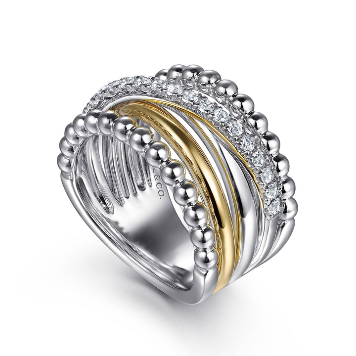 Gabriel & Co. Sterling Silver And 14K Yellow Gold Beaded Edges Multirow Ring With White Sapphires