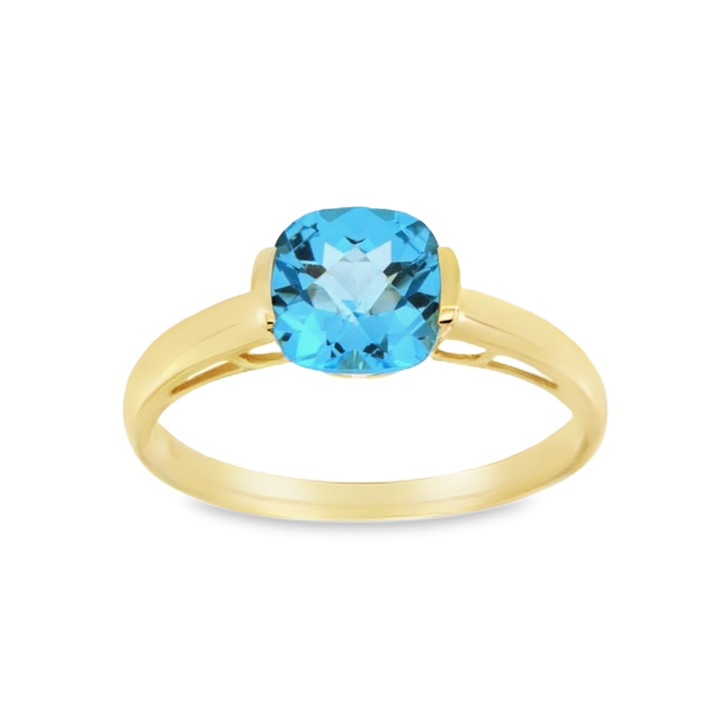 14K Yellow Gold 7mm Cushion Cut Blue Topaz Ring