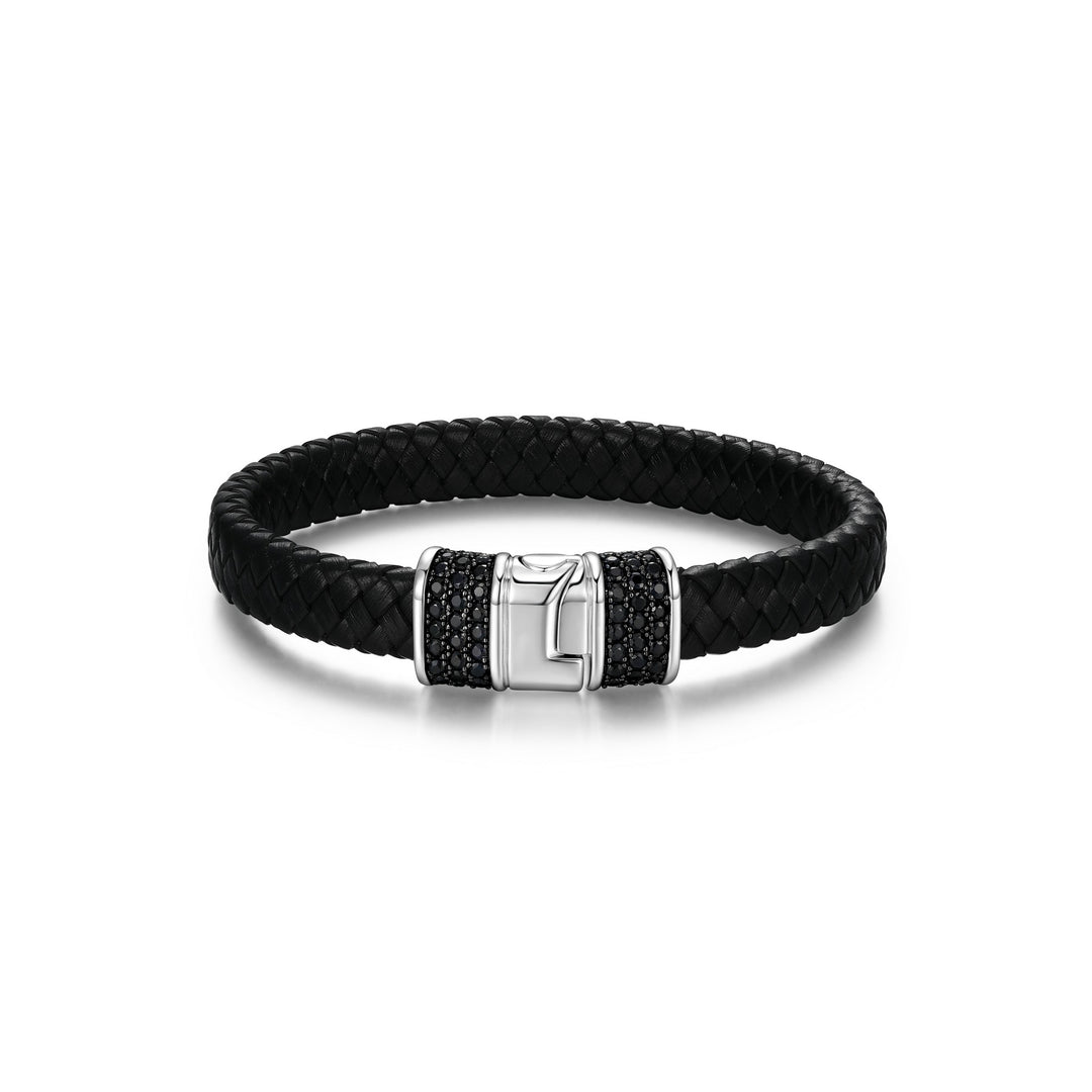 Wide Leather Bracelet with Sterling Silver Set Black Sapphire Clasp