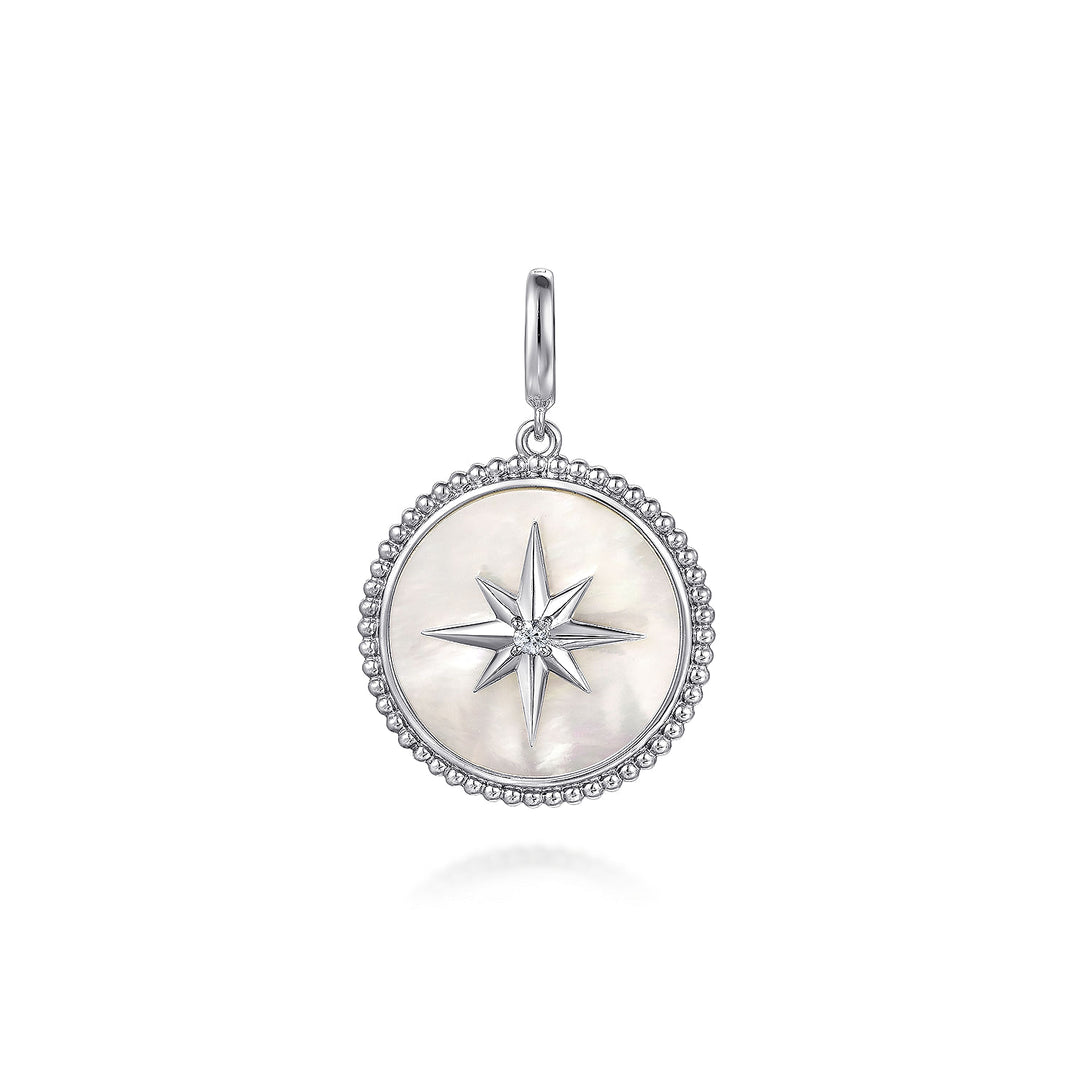Gabriel & Co. Sterling Silver 24mm Disc Pendant With White Mother-Of-Pearl, White Sapphire