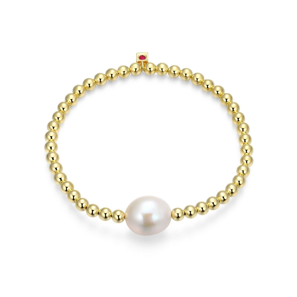 ELLE Yellow Gold Plated Sterling Silver Expansion Bracelet With Genuine White Pearl And Bezel Set Created Ruby
