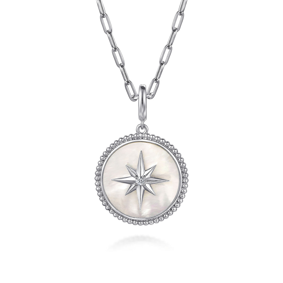 Gabriel & Co. Sterling Silver 24mm Disc Pendant With White Mother-Of-Pearl, White Sapphire