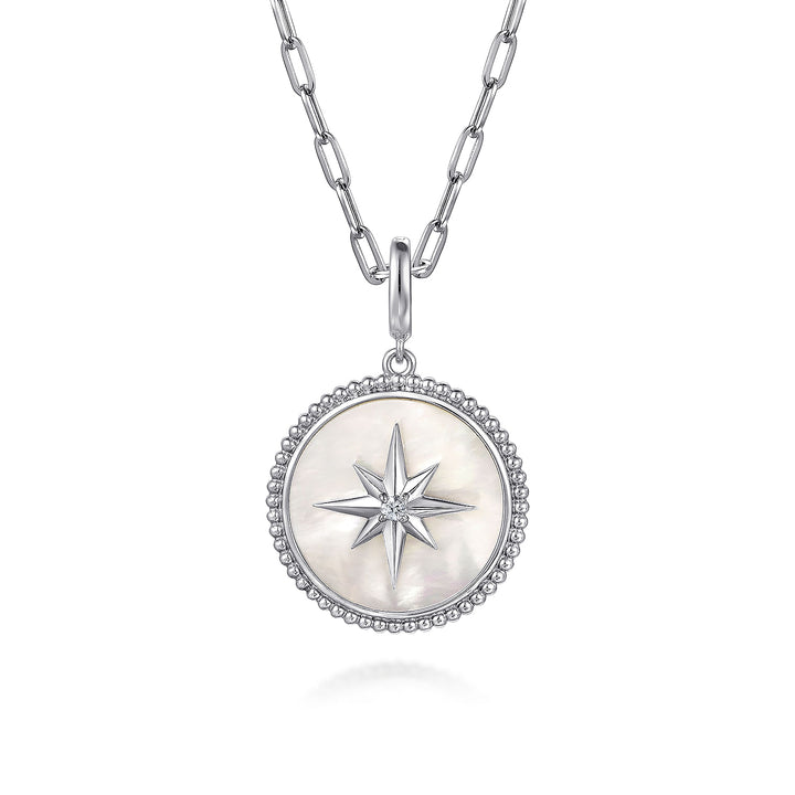 Gabriel & Co. Sterling Silver 24mm Disc Pendant With White Mother-Of-Pearl, White Sapphire