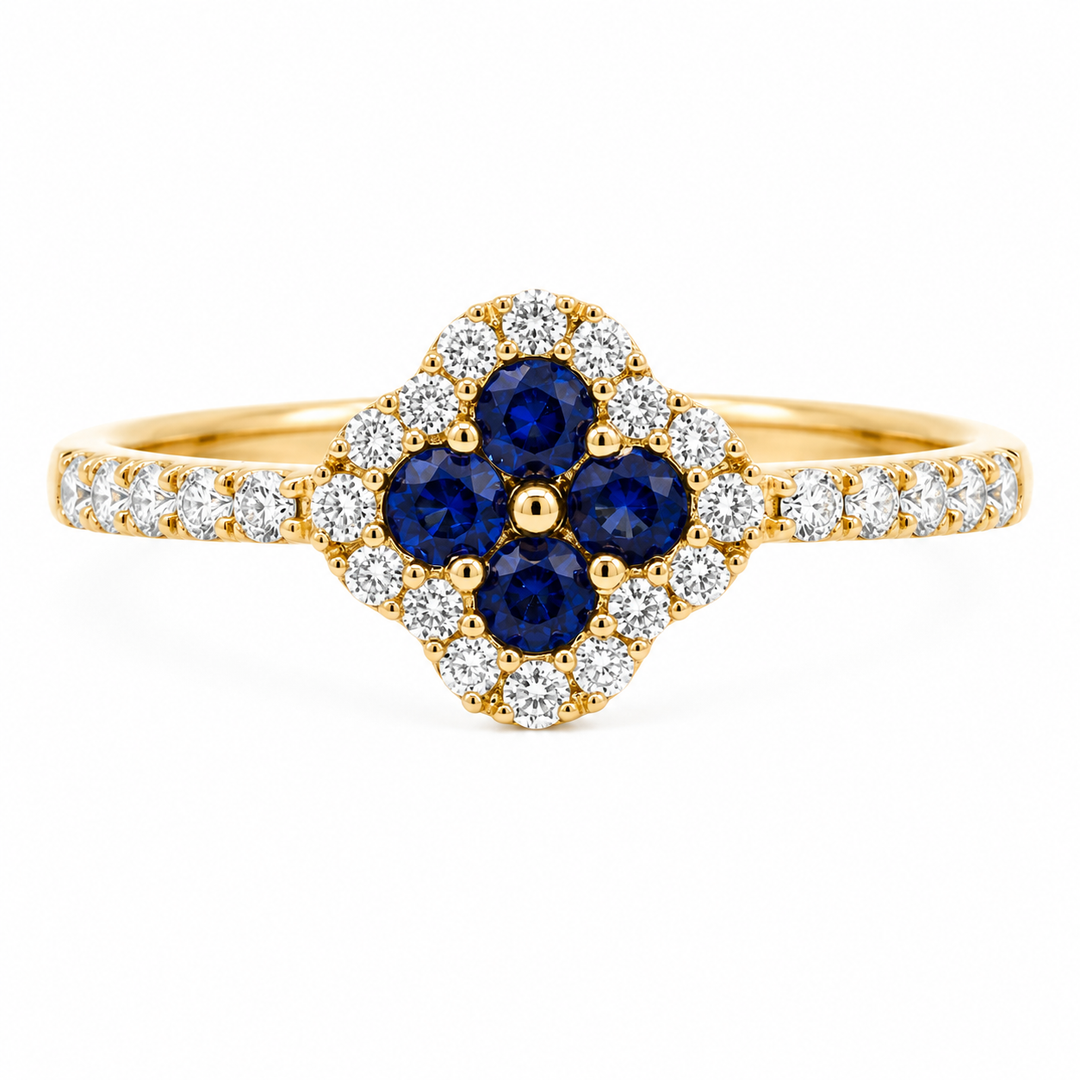14K Yellow Gold Sapphire And 0.35 CTW Diamond Clover Shaped Ring