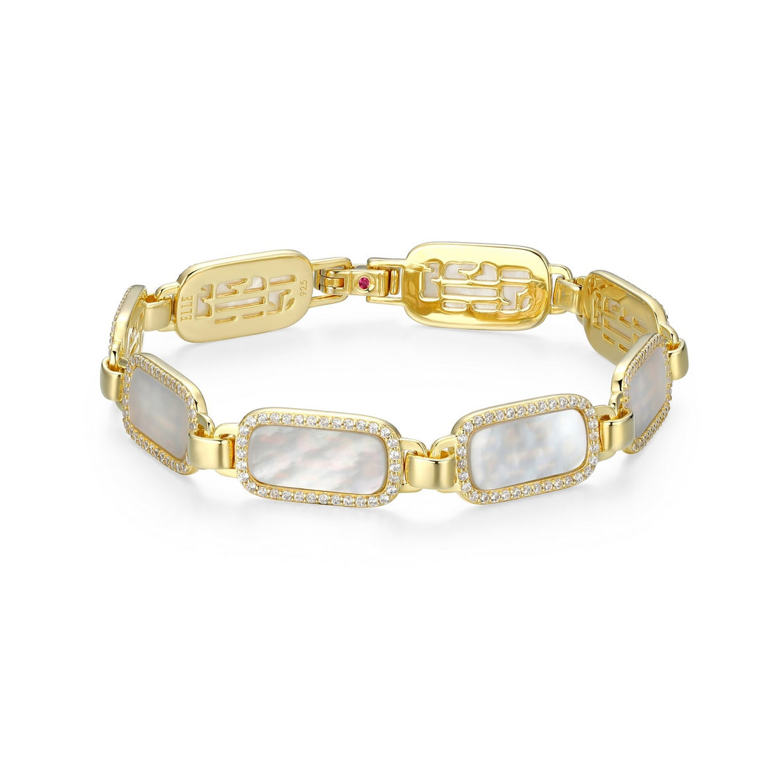 ELLE Sterling Silver 18K Yellow Gold Plated Bracelet With White Mother-Of-Pearl And Cubic Zirconia Set Links