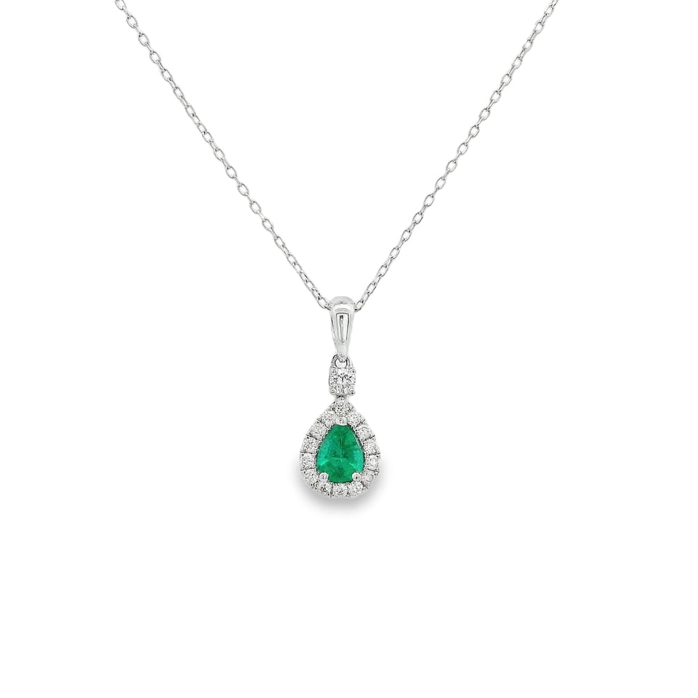 18K White Gold 0.29 CTW Pear Shaped Emerald And 0.16 CTW Diamond Set Teardrop Pendant