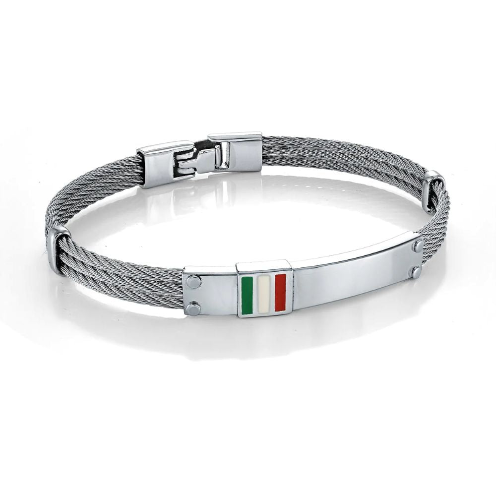 Italgem Stainless Steel 3-Row Cable Bracelet With Italy's Flag
