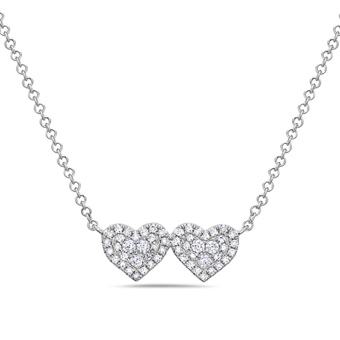 14K White Gold Bassali Jewellery Double Heart 0.18 CTW Diamond Necklace With 18 Inch Chain