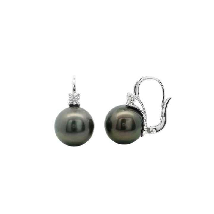 Women's 14 Karat White Gold 12mm Tahitian Pearl Drop Earrings With 0.32 CTW Round Diamonds