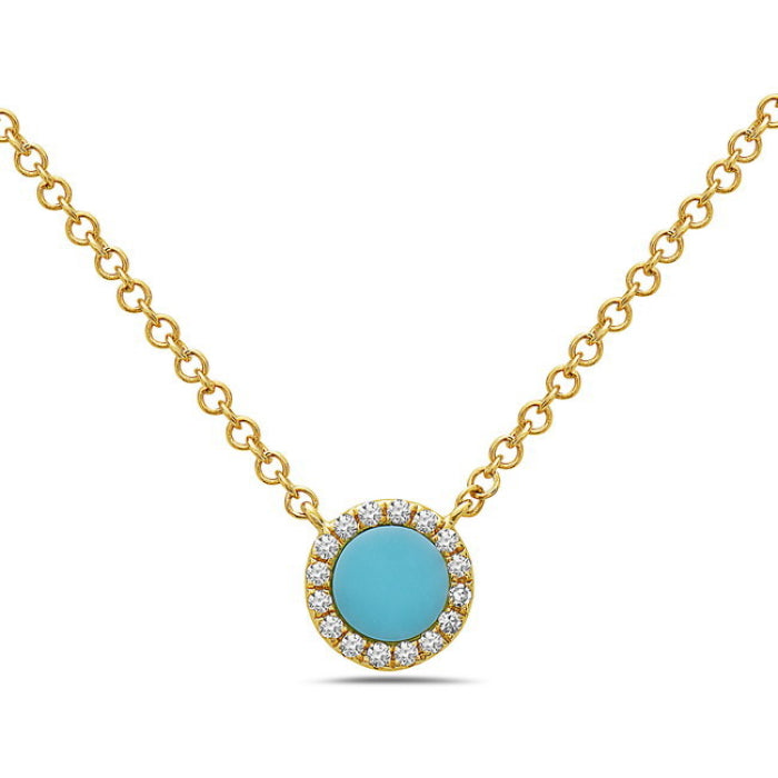 14K Yellow Gold Natural 0.18 CT Round Turquoise And 0.18 TDW Diamond Necklace