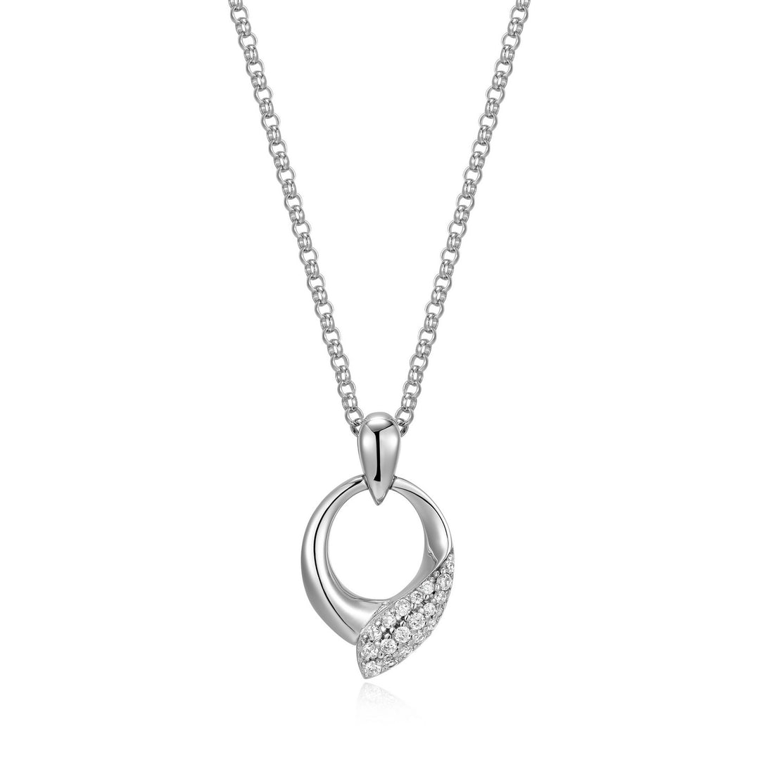 Elle Rhodium Plated Sterling Silver Free Form Circular Shaped Pendant With Cubic Zirconia's And Chain