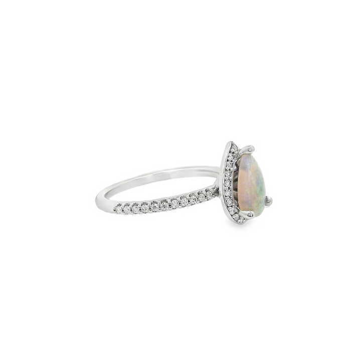 14K White Gold 9X6mm Australian Opal And 0.20 CTW Diamond Halo Ring