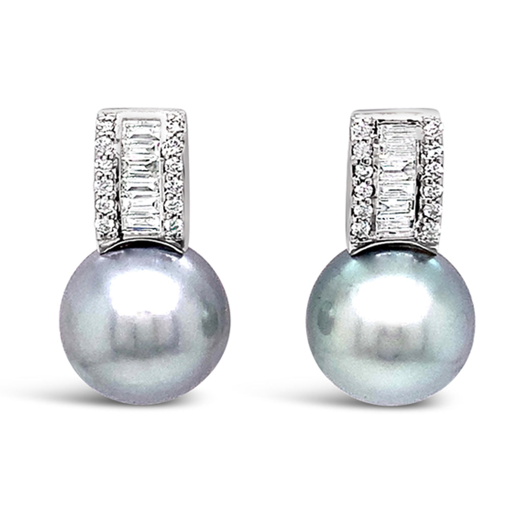 Women's 14K White Gold 9mm Grey Tahitian Pearl Stud Earrings With 0.28 CTW Diamonds