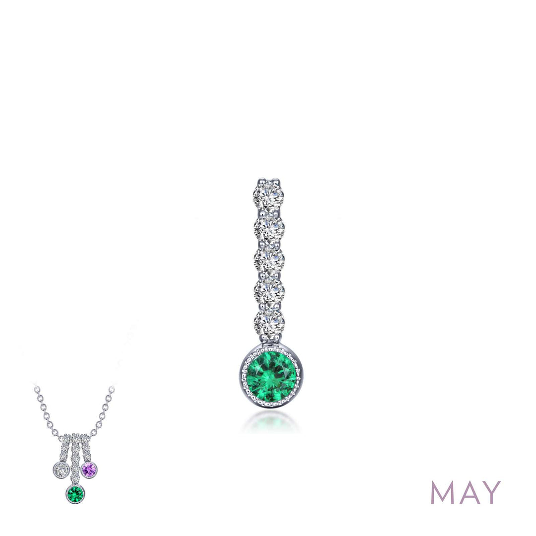 Lafonn Rhodium Plated Sterling Silver Birthstone - May Drop Pendant With Synthetic Emerald, Cubic Zirconias