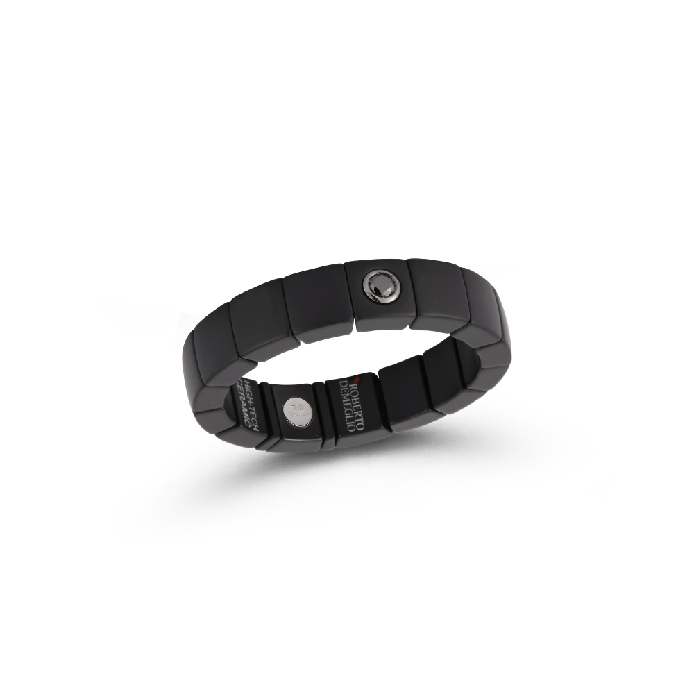 Black Ceramic And 18K White Gold Diamond Set Men's Stretch Ring