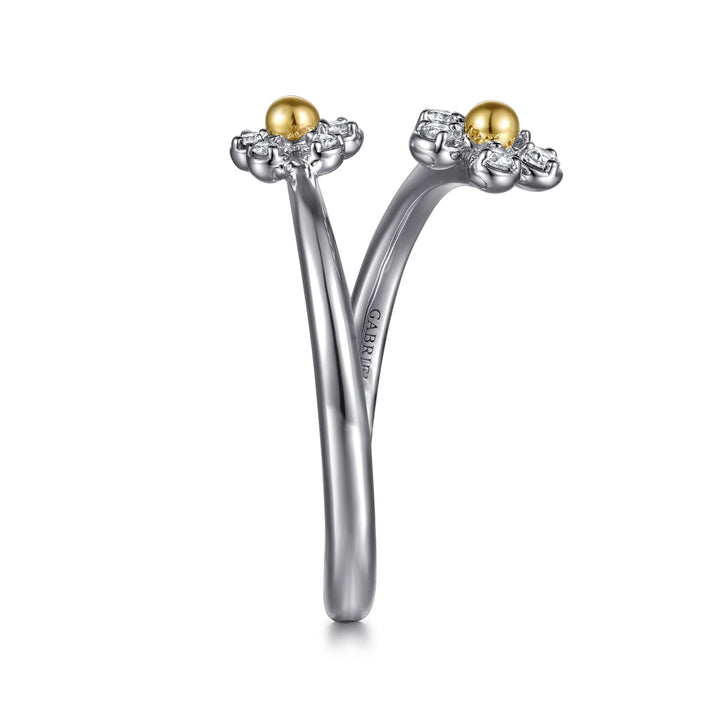 Sterling Silver And 14K Yellow Gold Gabriel & Co. Flowers Bypass Ring With Diamonds