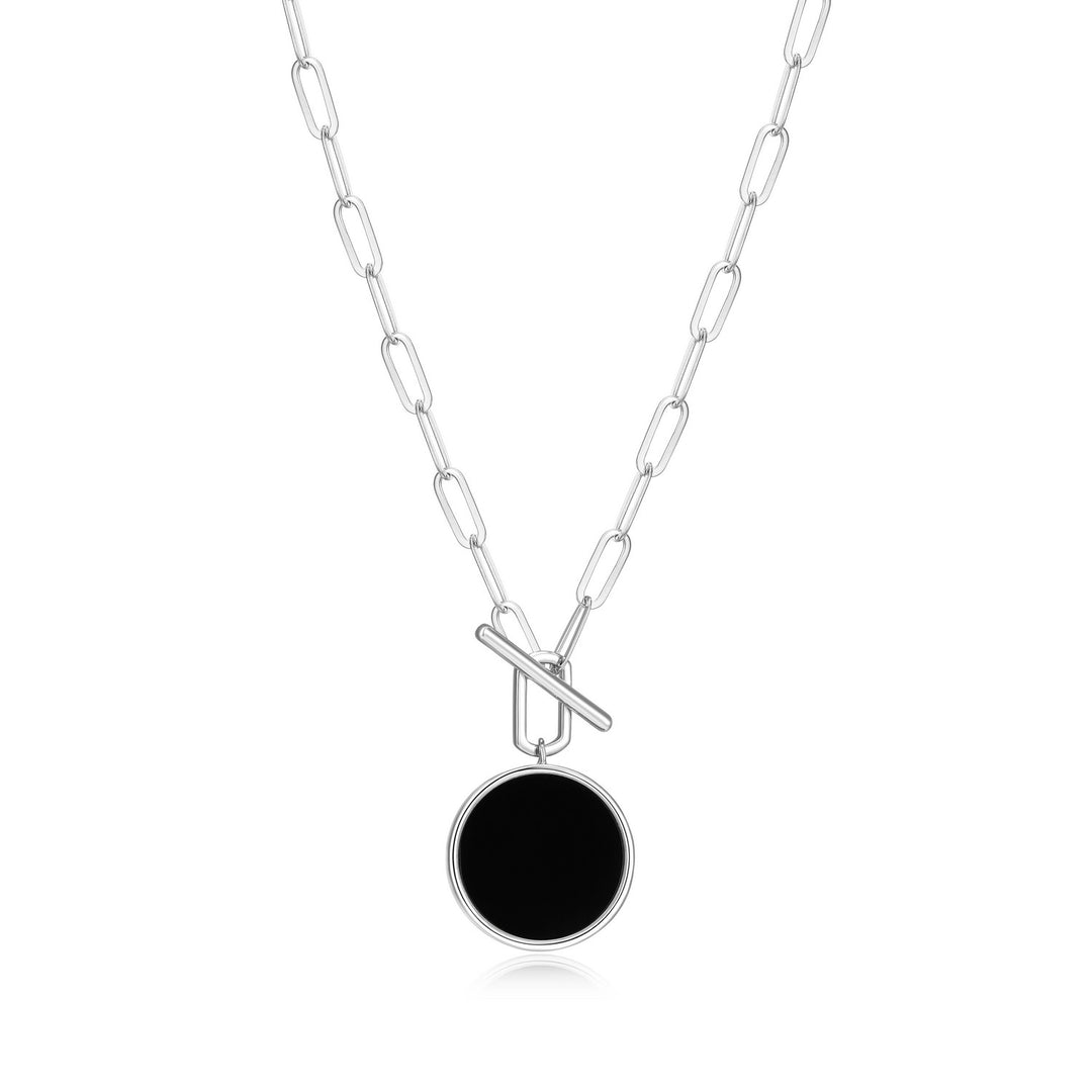 ELLE Rhodium Plated Sterling Silver Necklace With Black Agate